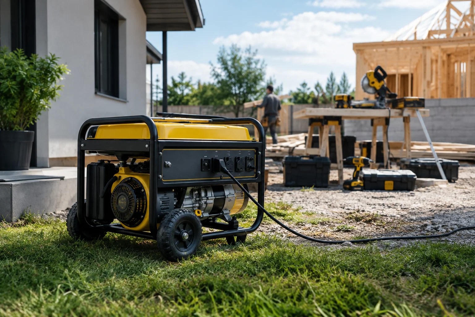 generator pentru casă sau șantier lângă echipamente electrice și unelte de lucru