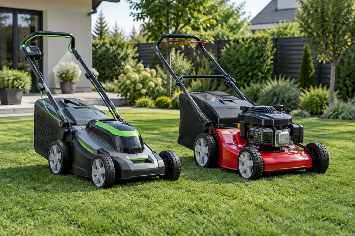 Comparație între mașină de tuns iarba electrică și model pe benzină într-o curte rezidențială