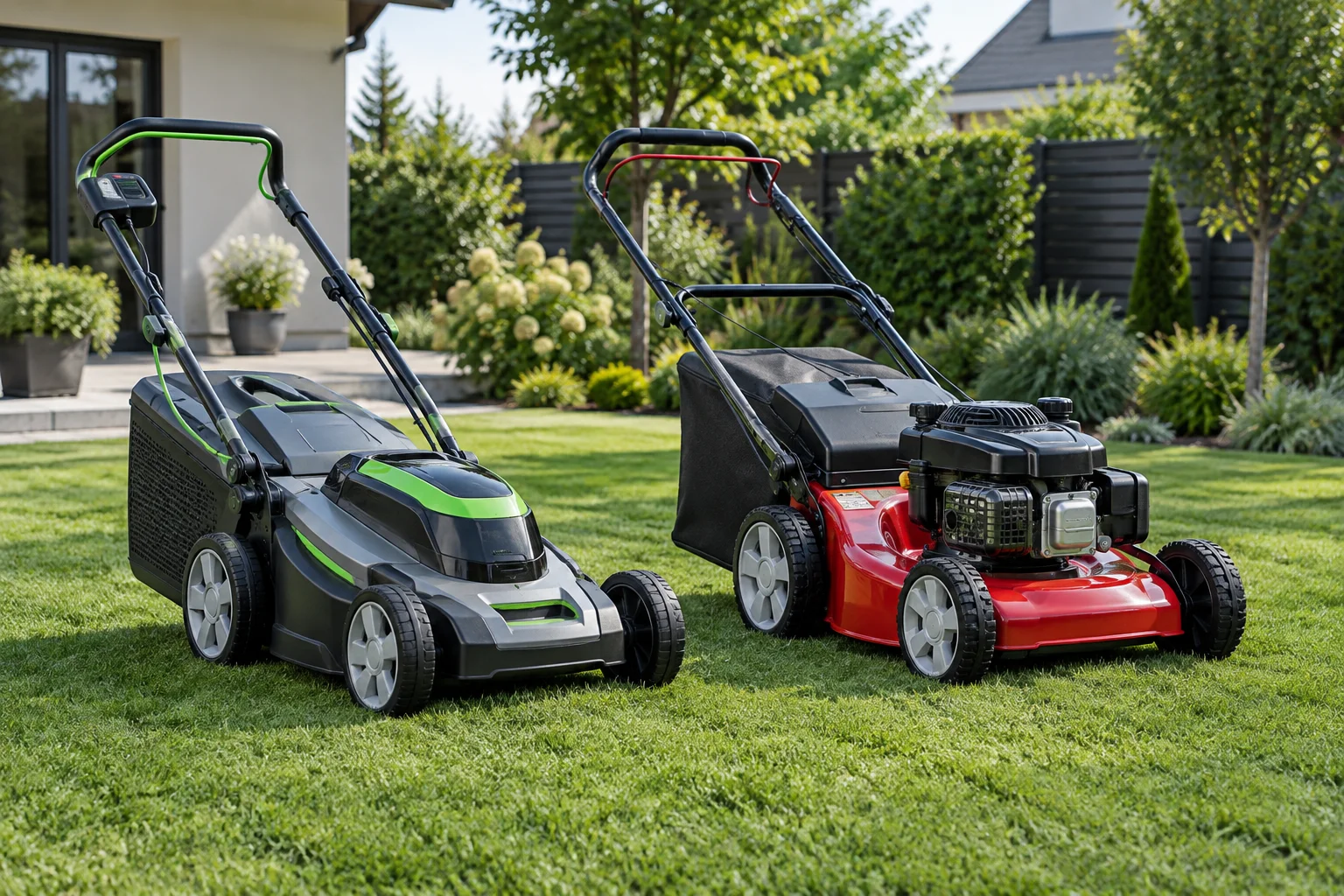 Comparație între mașină de tuns iarba electrică și model pe benzină într-o curte rezidențială