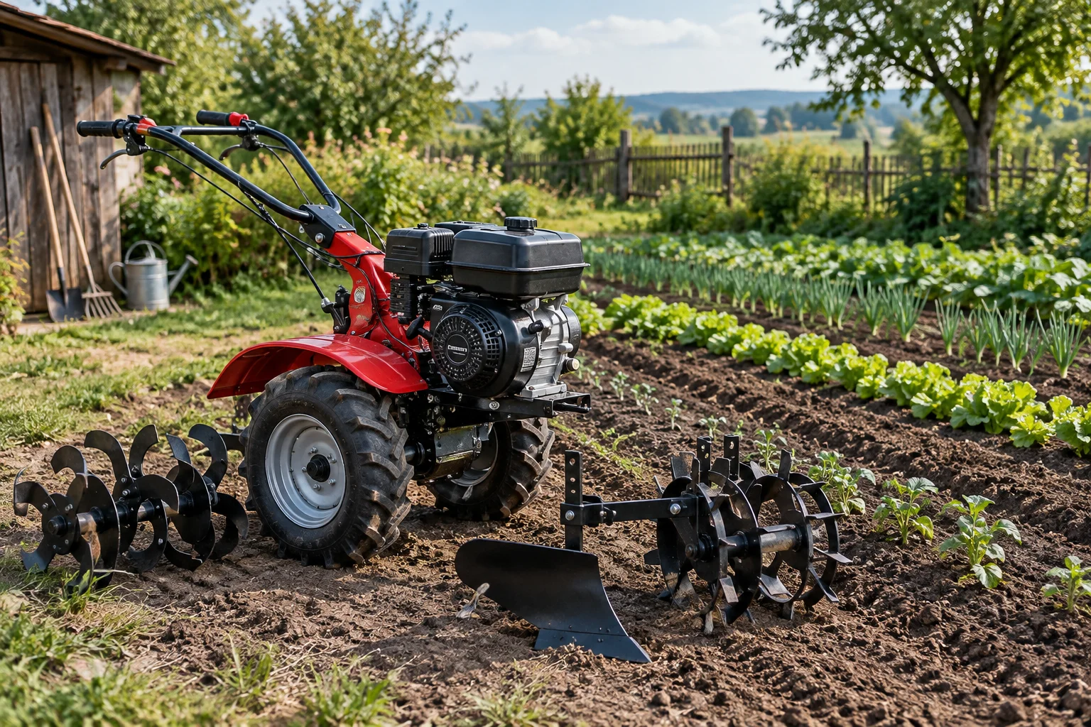 Motocultor cu accesorii folosit într-o gospodărie pentru pregătirea solului și întreținerea grădinii