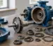 Componente și piese de pompă așezate pe o masă de lucru într-un atelier tehnic
