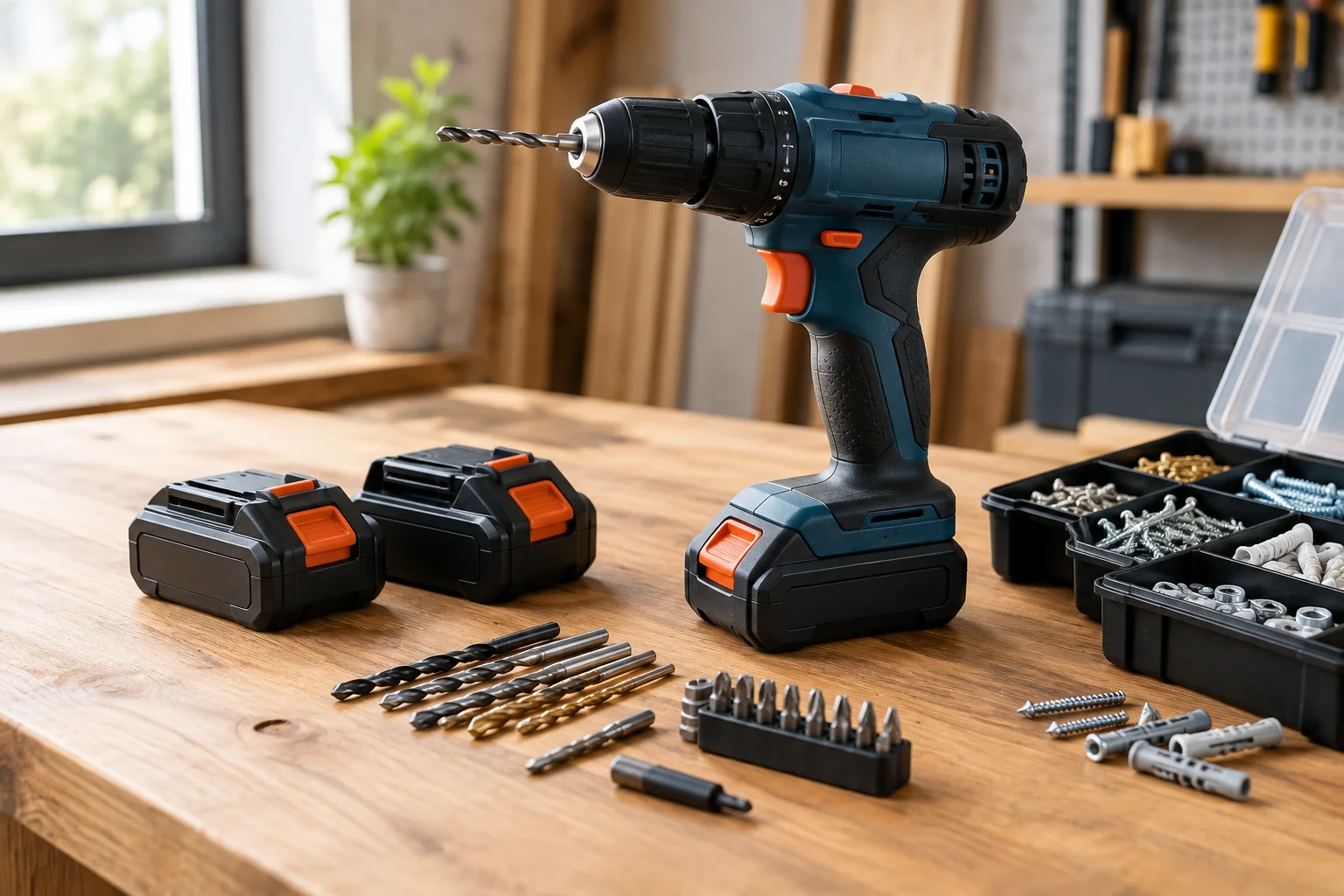 mașină de înșurubat și găurit cu acumulatori și set de piese pentru bricolaj