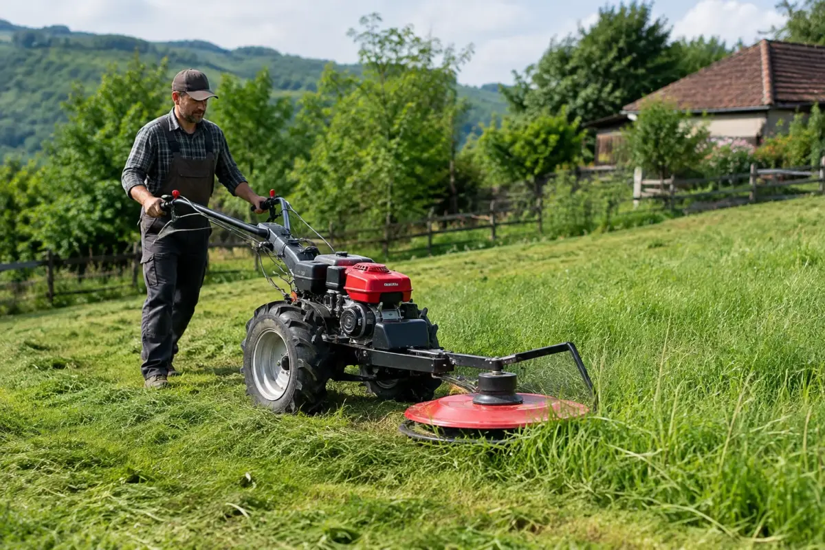 cositoare rotativă pentru motocultor pe o parcelă de iarbă din gospodărie