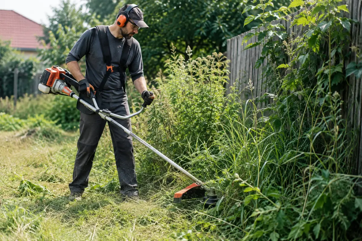 Motocoasă pe benzină folosită într-o gospodărie pentru vegetație deasă