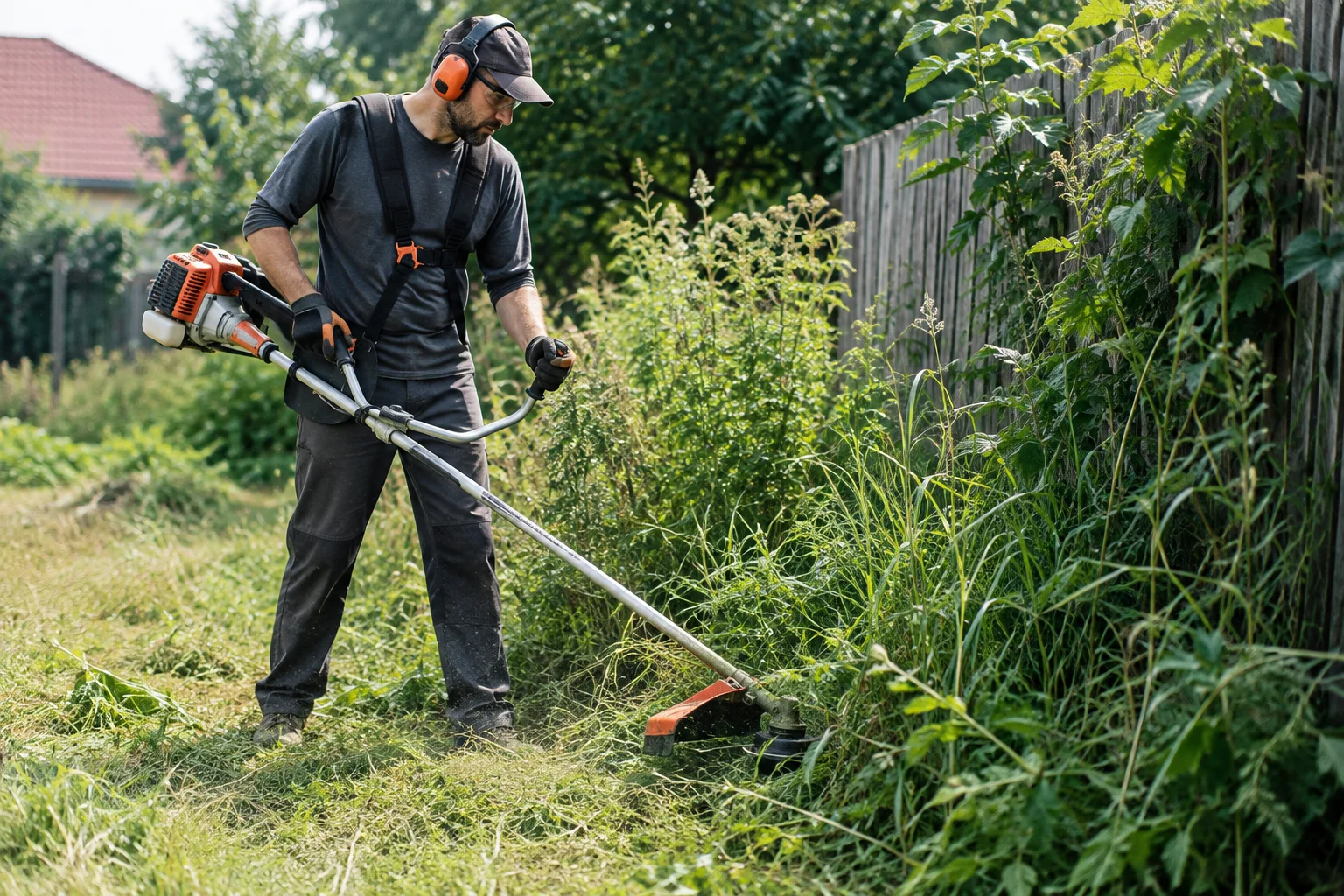 Motocoasă pe benzină folosită într-o gospodărie pentru vegetație deasă