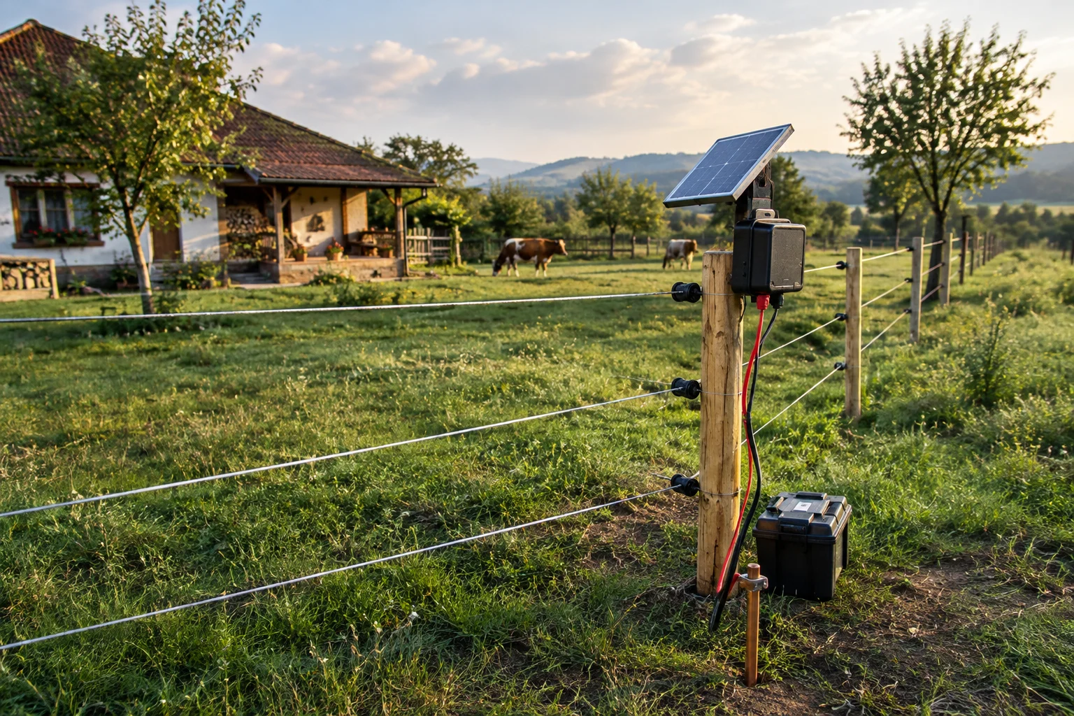 generator gard electric montat într-o gospodărie cu gard perimetral și împământare