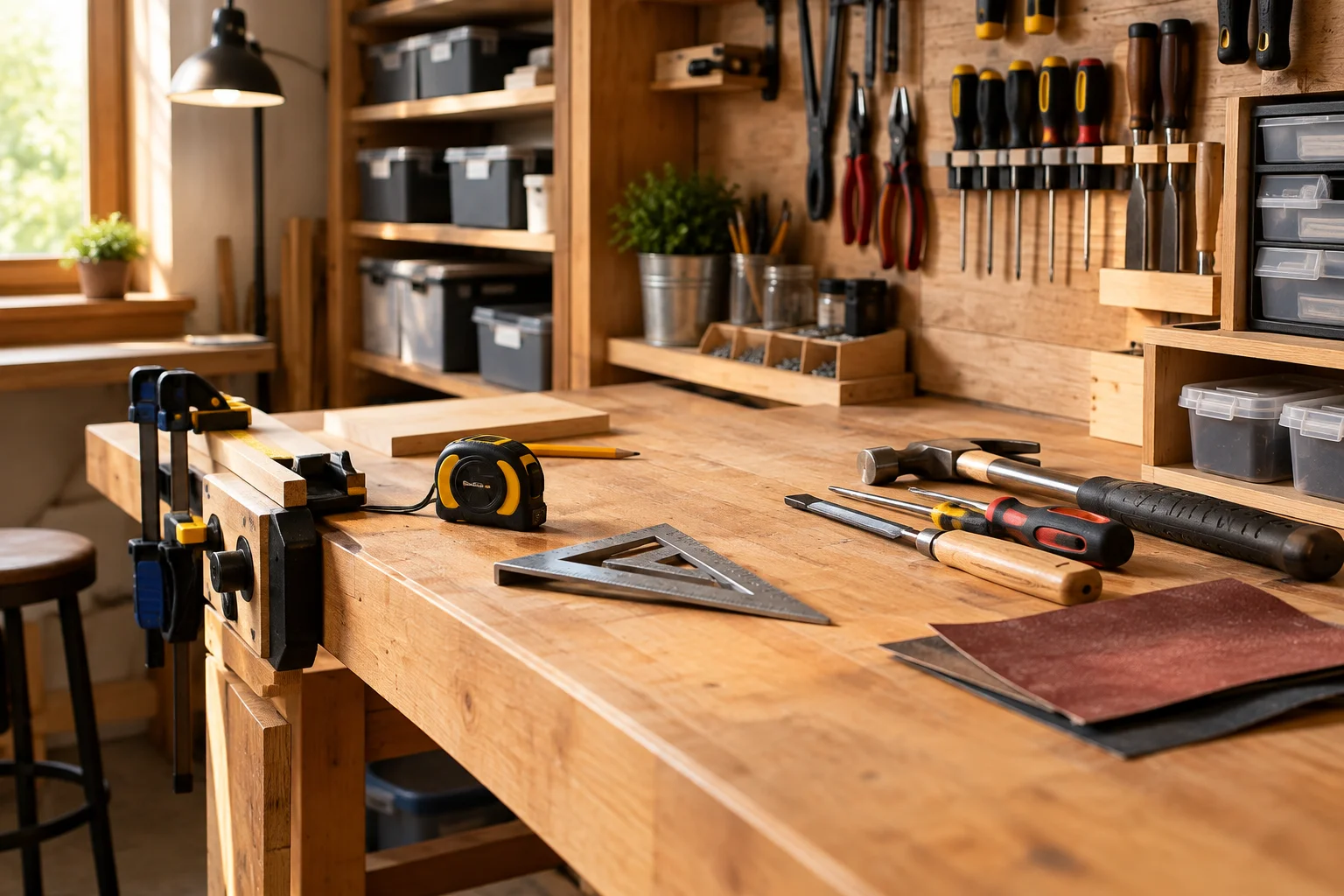 Atelier mic organizat cu accesorii atelier mic esențiale pentru măsurare, fixare și depozitare