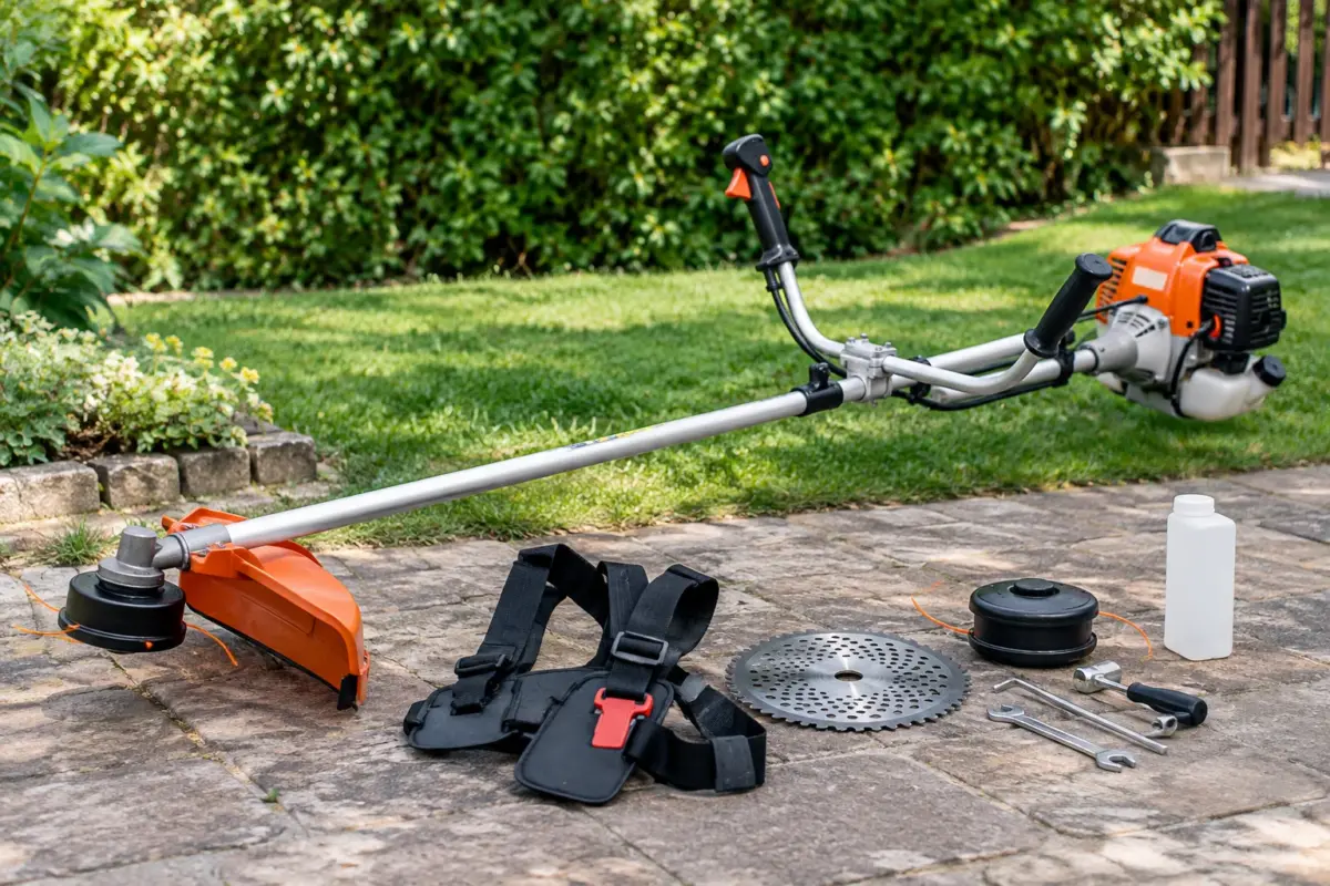 Motocoasa pe benzină cu accesorii incluse pregătită pentru lucrări în gospodărie