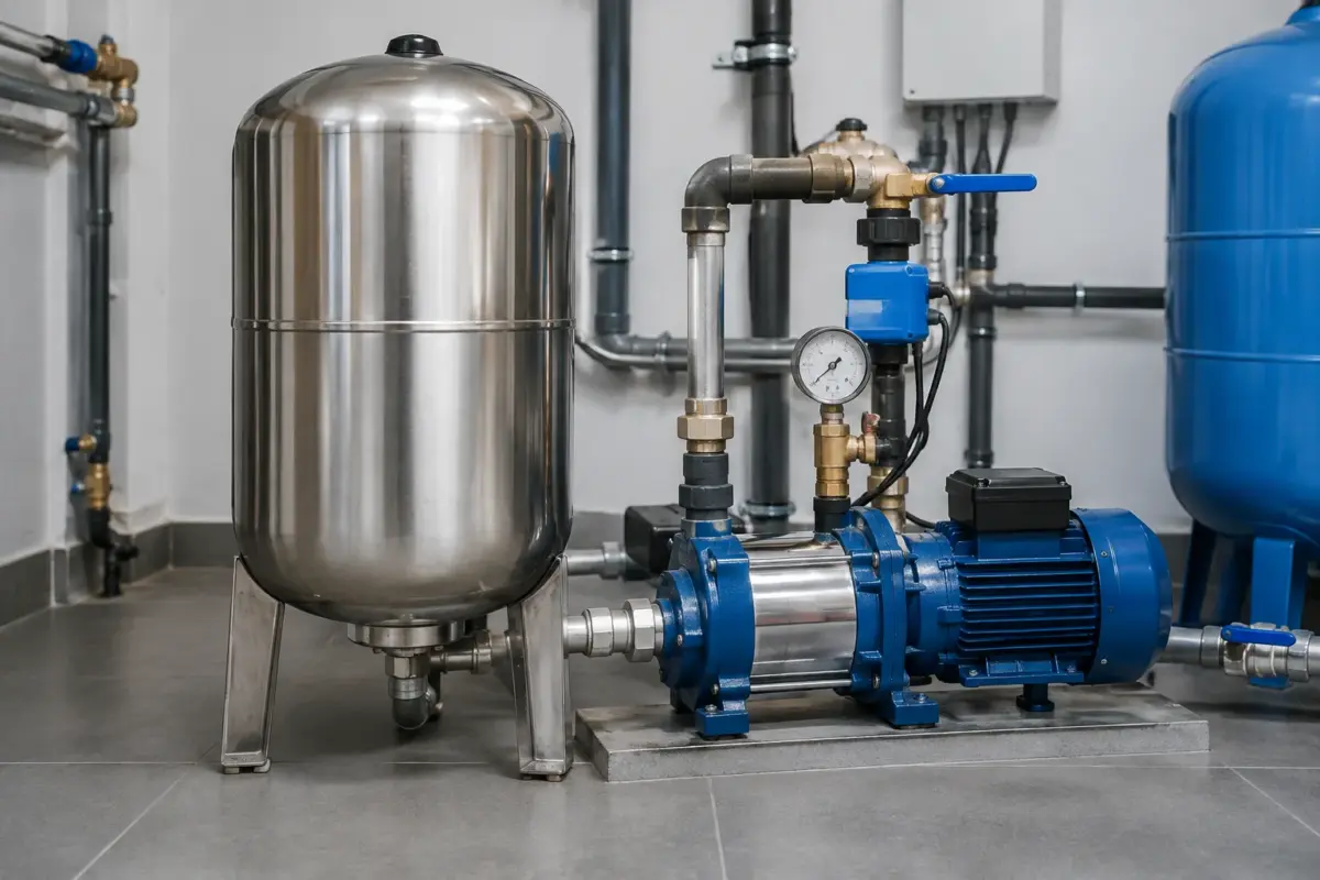 vas de expansiune 100 L inox montat într-o instalație de hidrofor