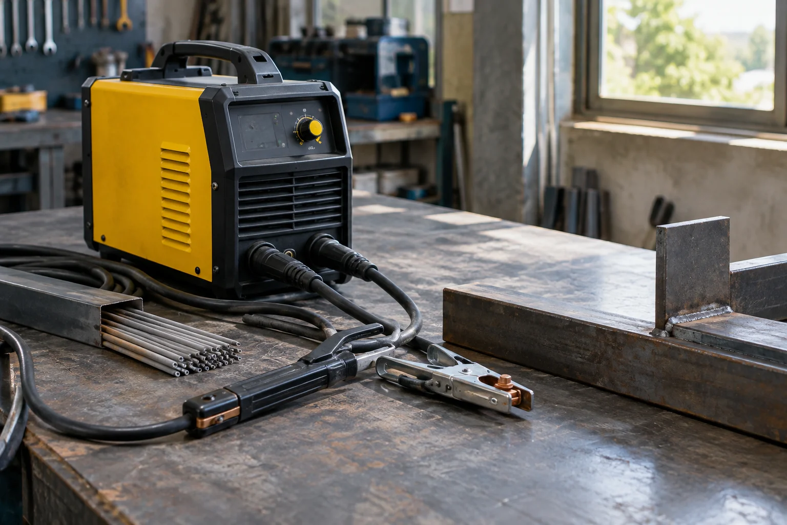 Invertor de sudură folosit într-un atelier, alături de electrozi și piese metalice