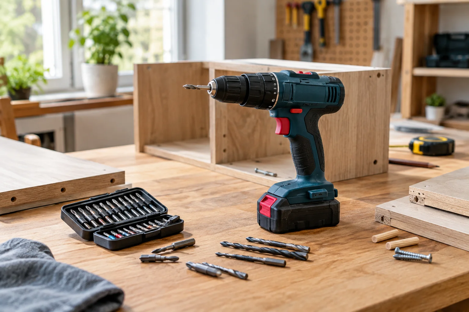 mașină de înșurubat și găurit cu acumulatori pe banc de lucru, cu accesorii pentru bricolaj și montaj