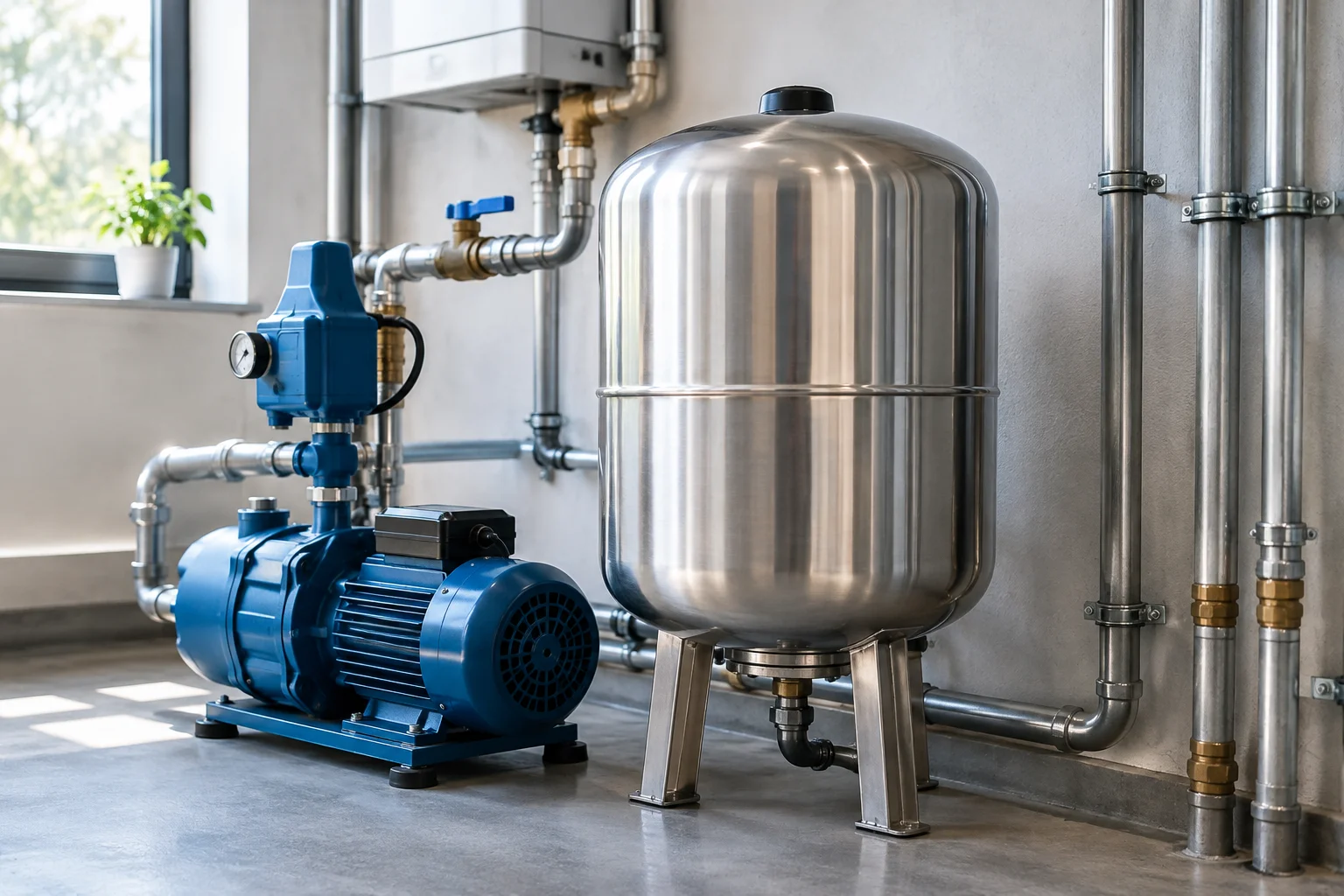 Vas de expansiune din inox montat lângă un hidrofor într-o cameră tehnică