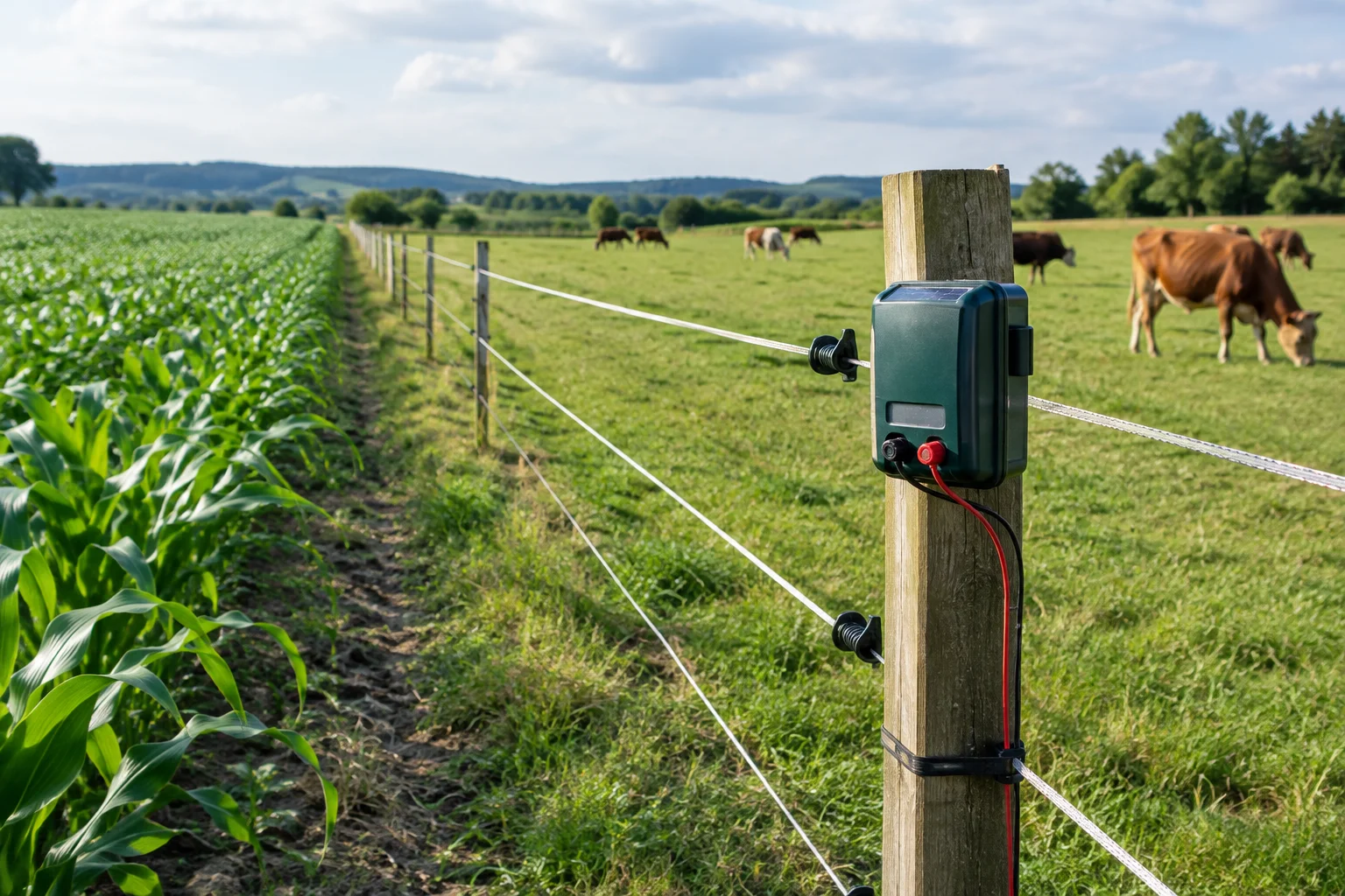 Aparat de gard electric pentru protecția culturilor și a animalelor, montat pe un teren agricol