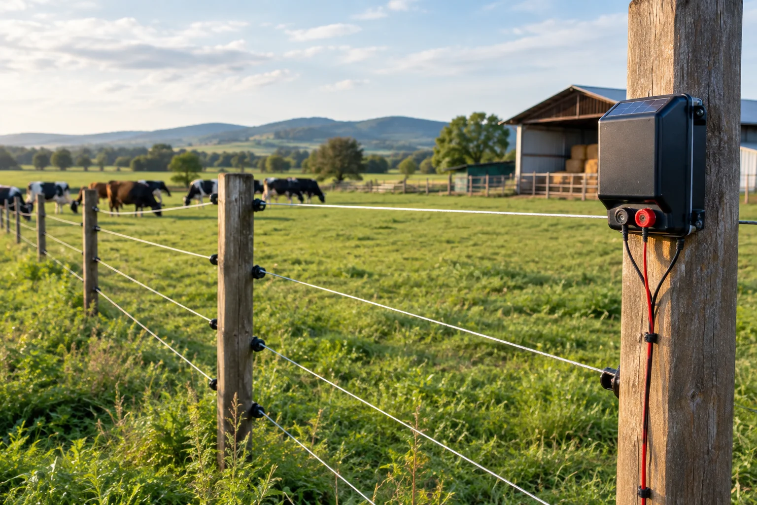 Aparat gard electric montat lângă un gard electric pentru protecția animalelor și a terenului