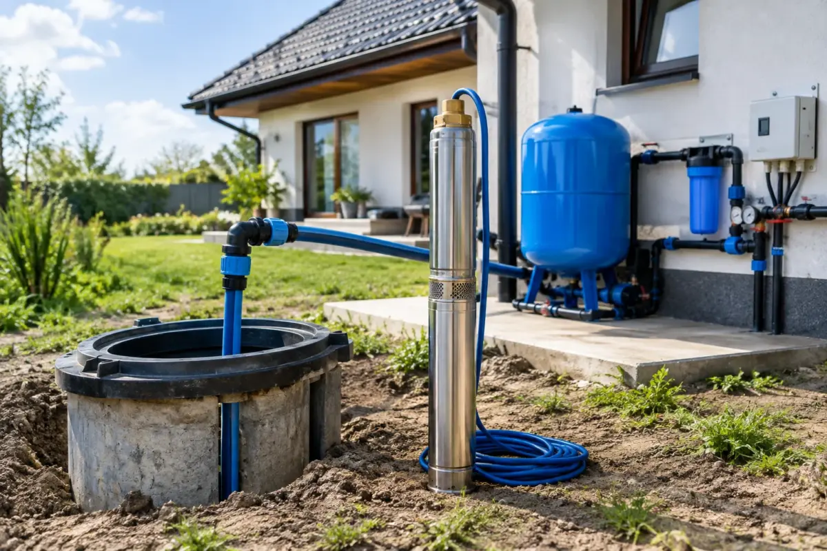 pompă submersibilă pentru puț instalată lângă un sistem de alimentare a gospodăriei