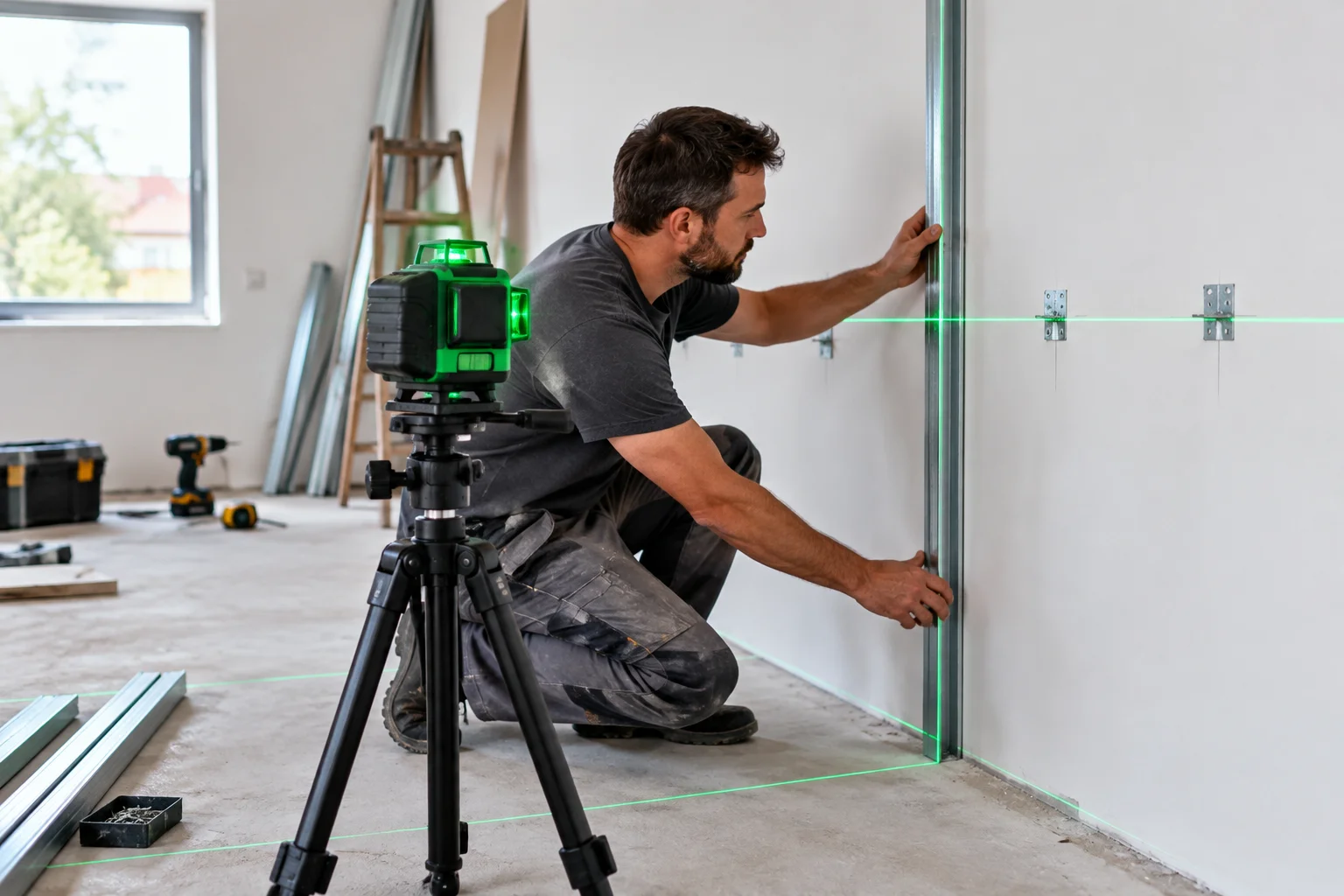 Nivelă laser 4D folosită la trasare precisă în amenajări interioare