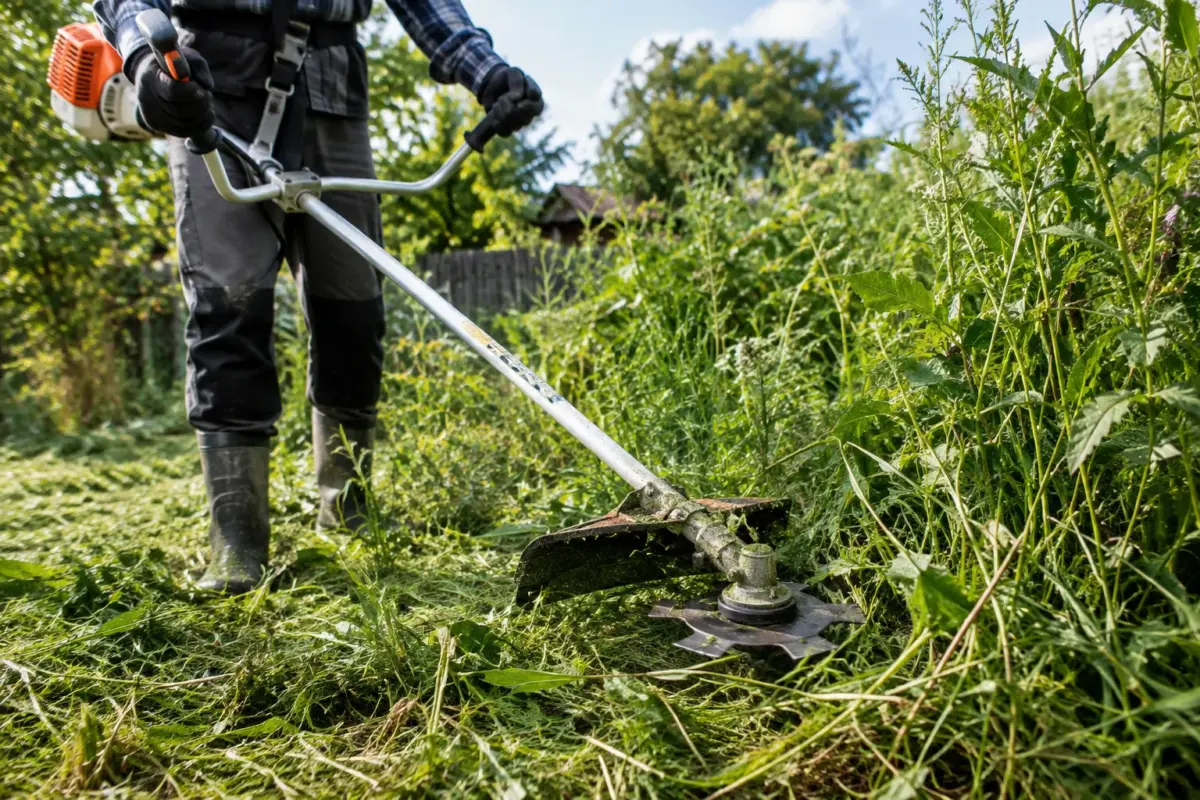 Motocoasă echipată cu disc cu 6 dinți pliabili pentru iarbă deasă și vegetație rezistentă