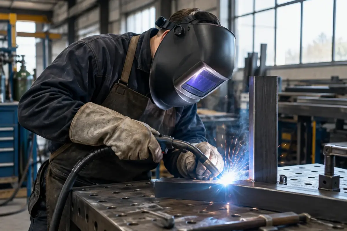 Casca de sudură automată folosită într-un atelier, cu accent pe vizibilitate, confort și protecție