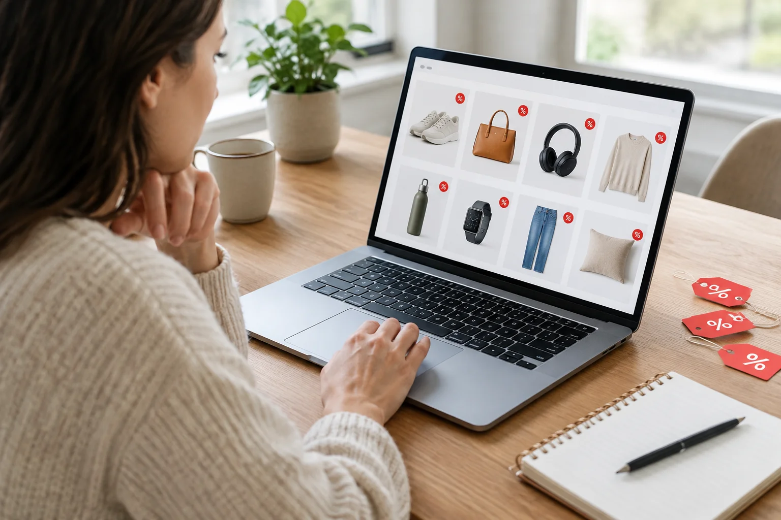 Persoană care compară oferte utile în promoții pe un laptop