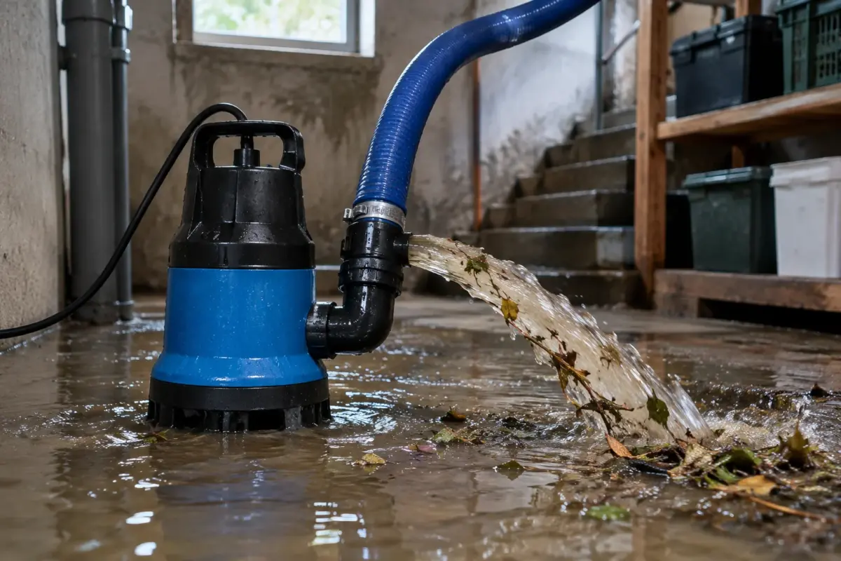 pompa de apă murdară cu tocător instalată pentru evacuarea apei din beci