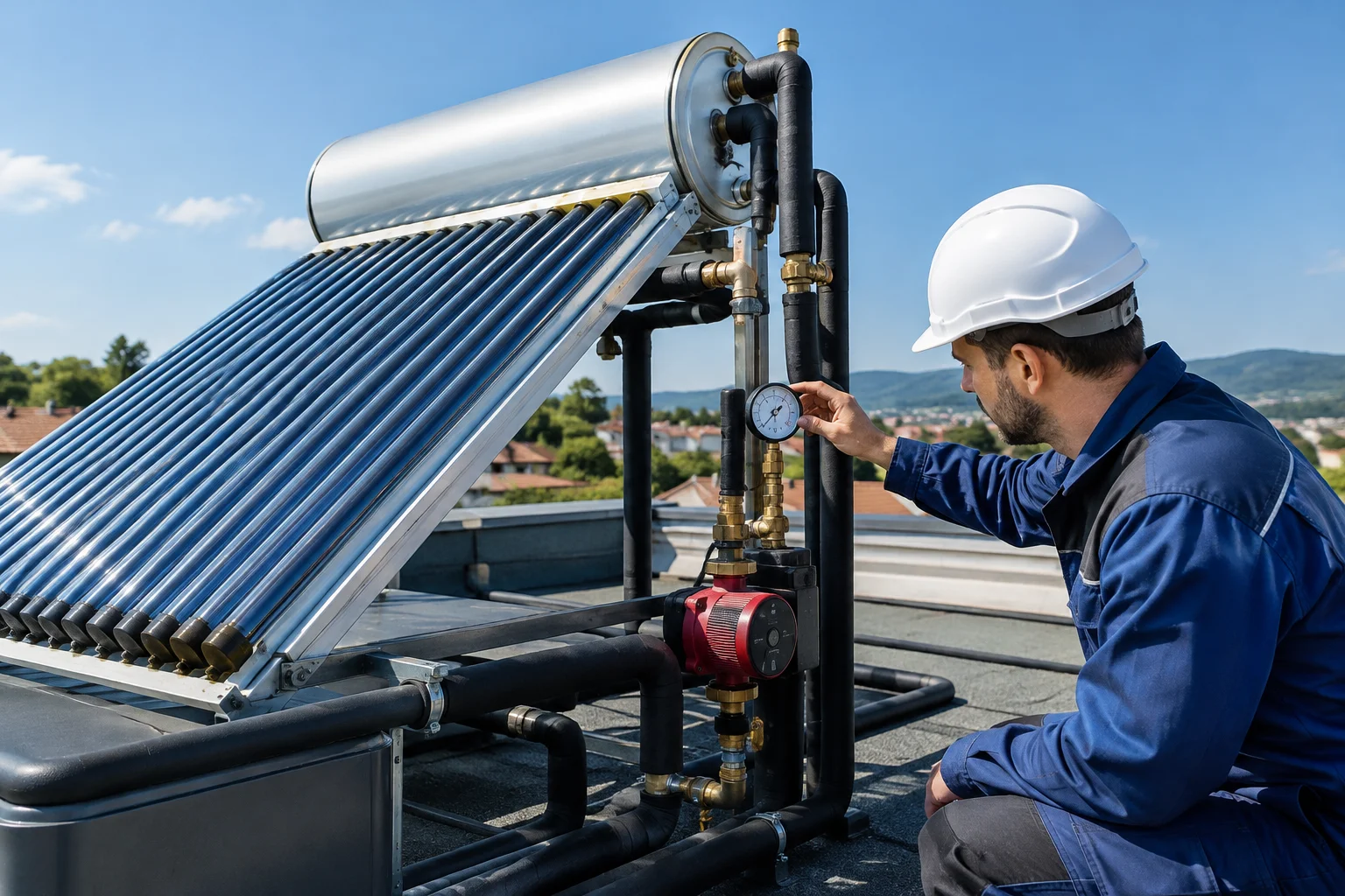 Instalație solară termică cu pompă de ridicare presiune și conducte de circulație