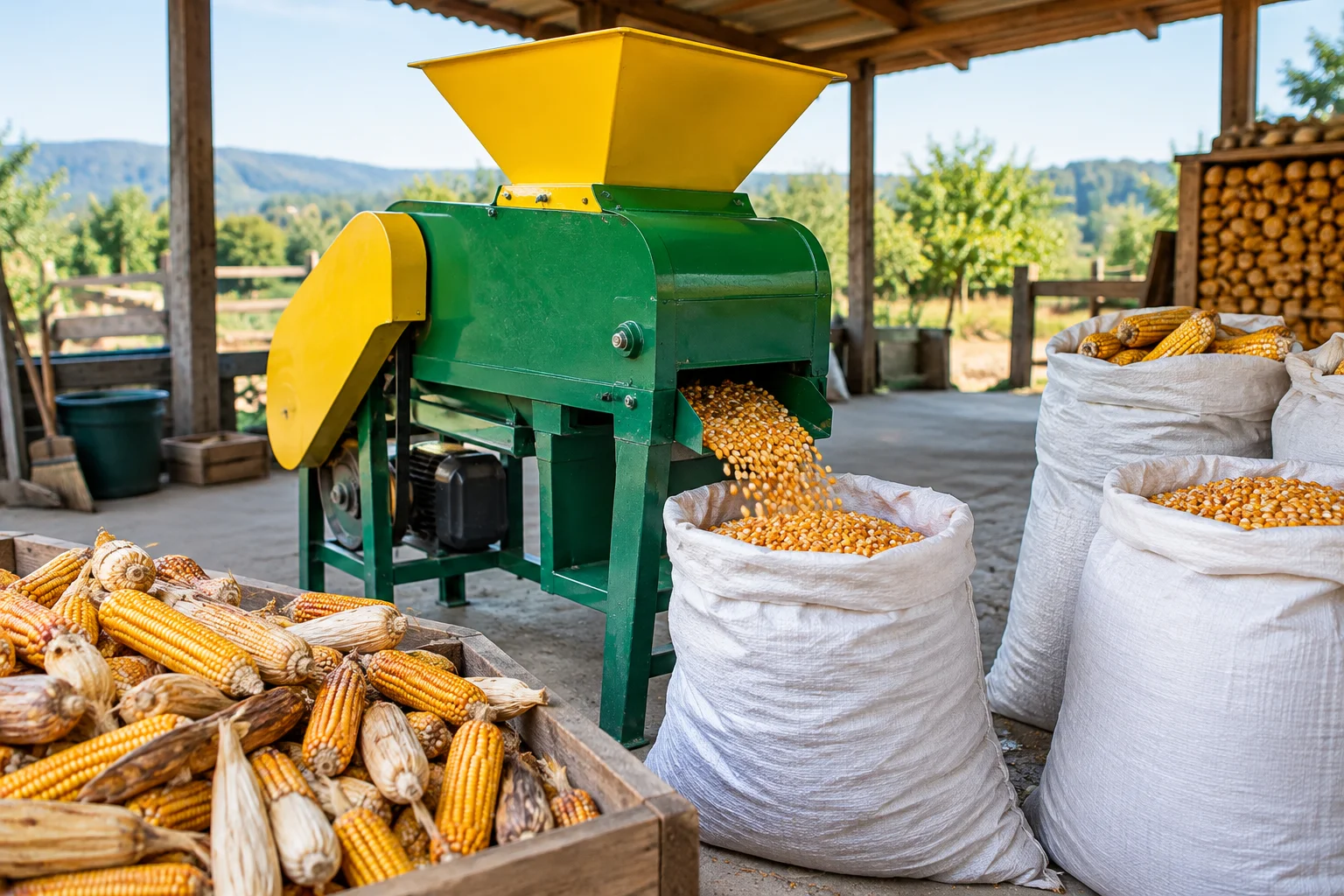 batoza de curățat porumb folosită într-o gospodărie rurală