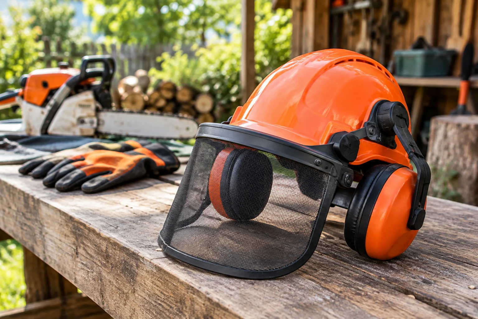 Echipament de protecție motocoasă cu cască, vizieră și antifoane