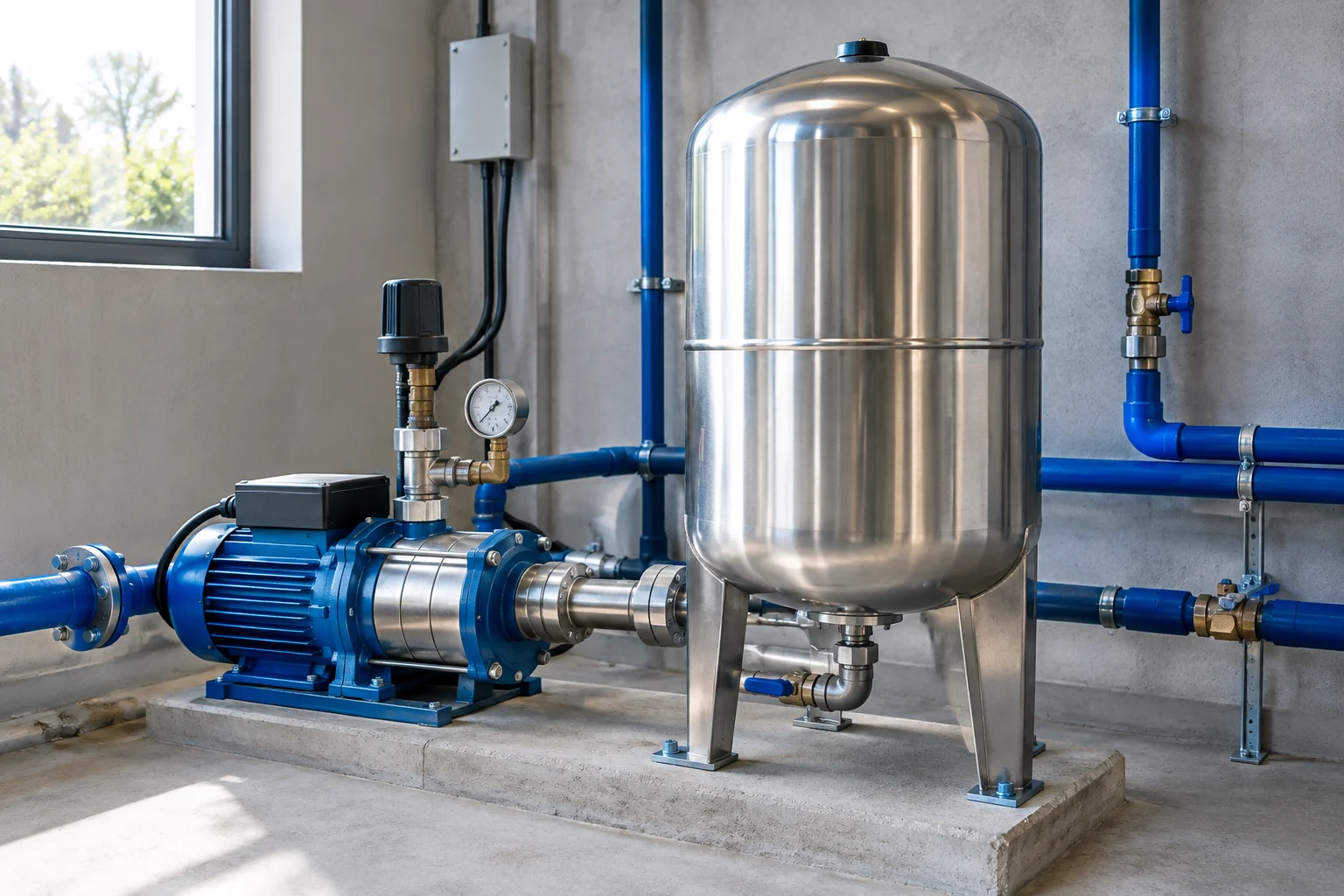 Vas de expansiune din inox montat lângă un hidrofor într-o cameră tehnică