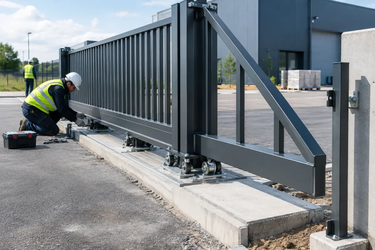 kit poartă autoportantă de 1.000 kg montat pe fundație cu role și ghidaje