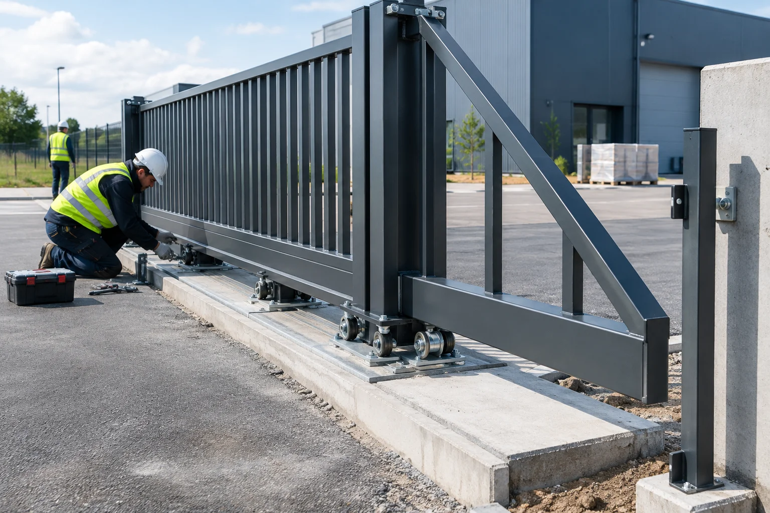 kit poartă autoportantă de 1.000 kg montat pe fundație cu role și ghidaje