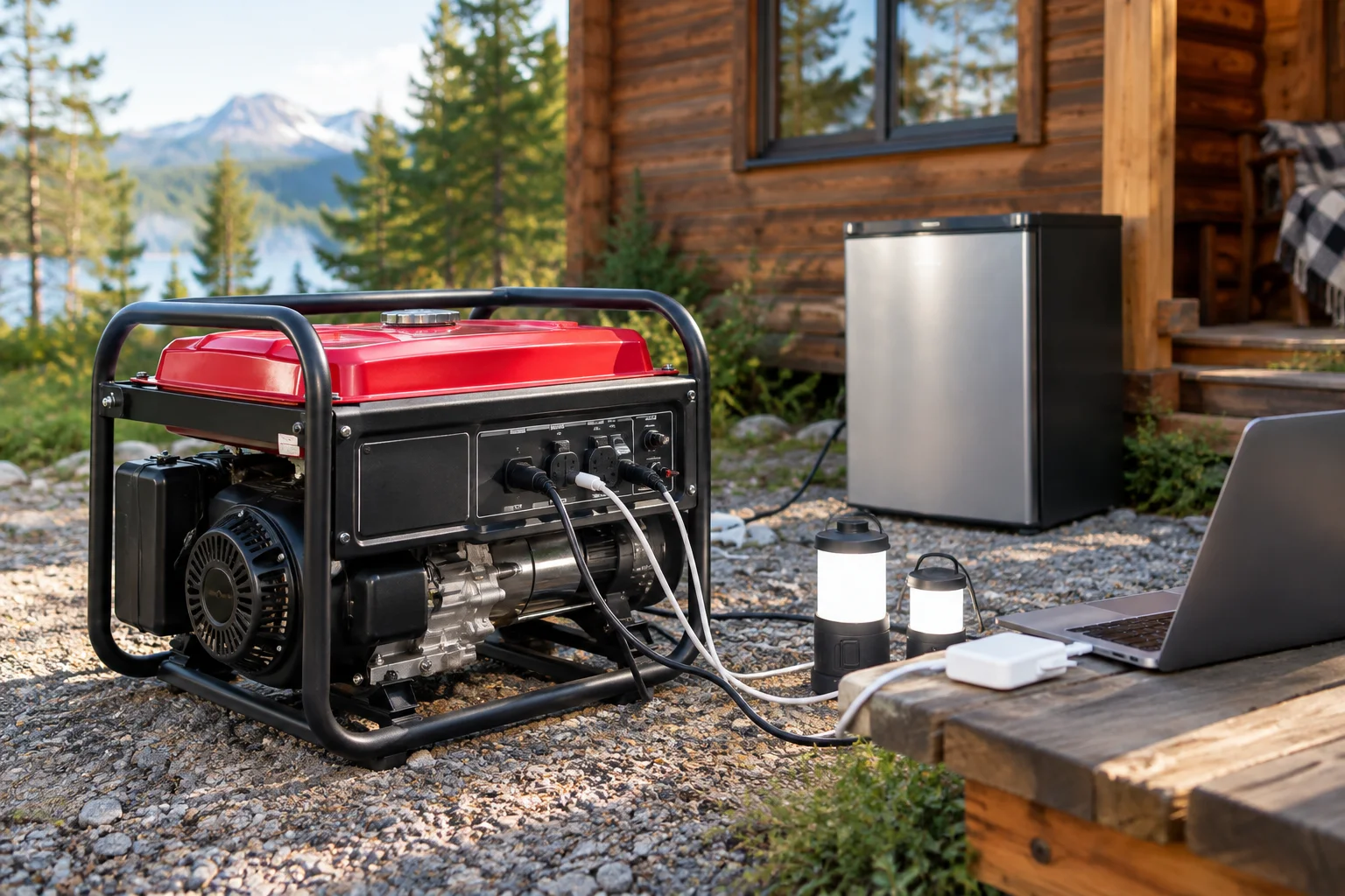 Generator pe benzină folosit în scenarii fără rețea, lângă consumatori casnici și echipamente mici