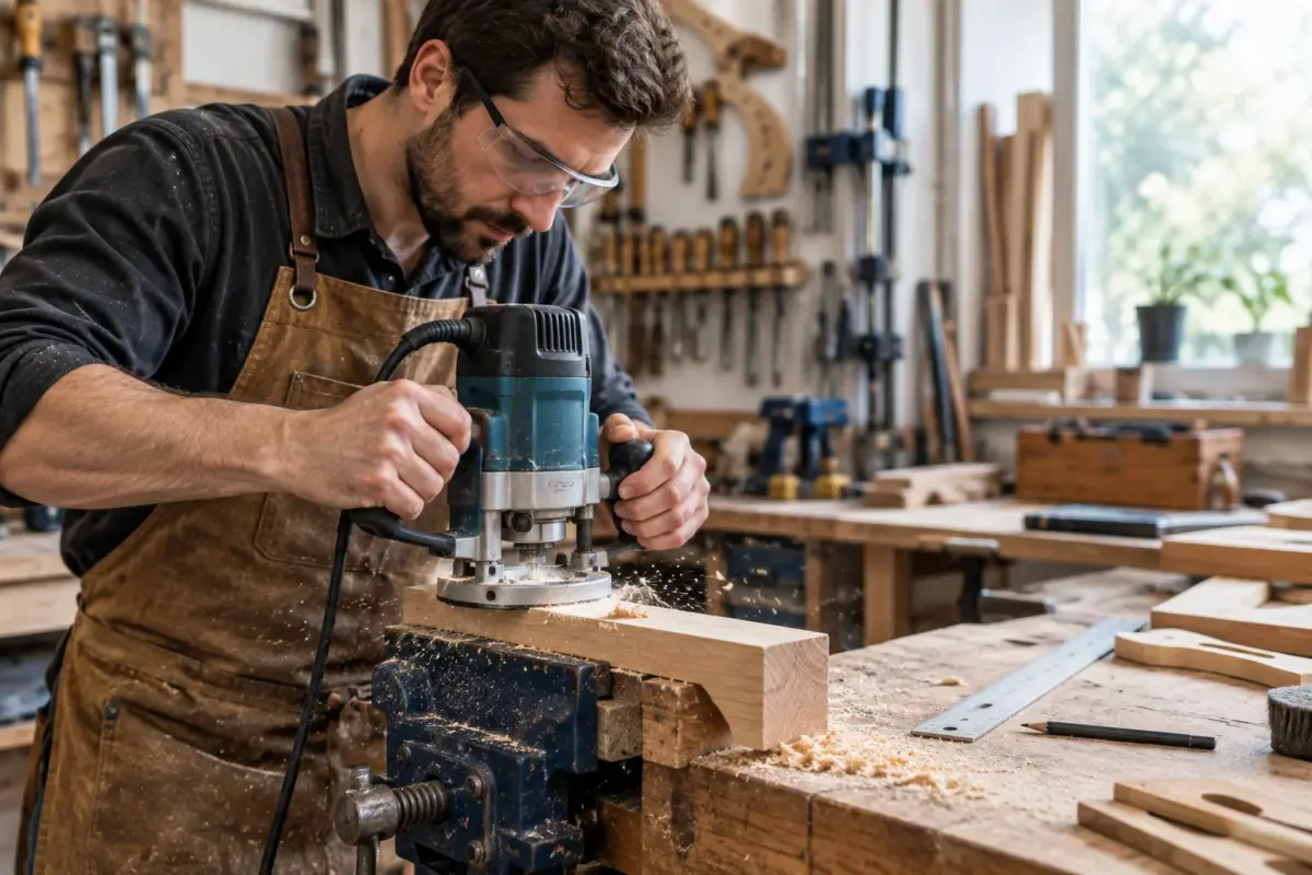 Freză electrică lemn folosită într-un atelier de tâmplărie pentru finisarea muchiilor