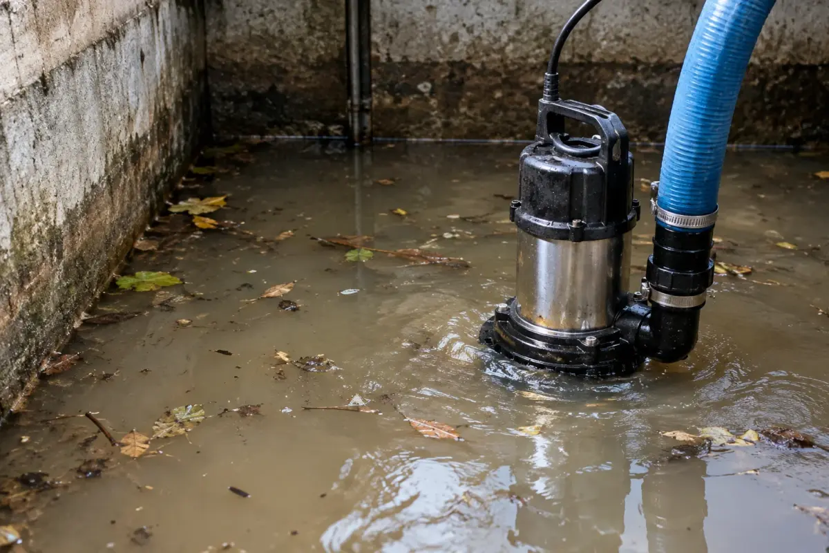 pompă submersibilă apă murdară într-un subsol cu apă tulbure și resturi fine