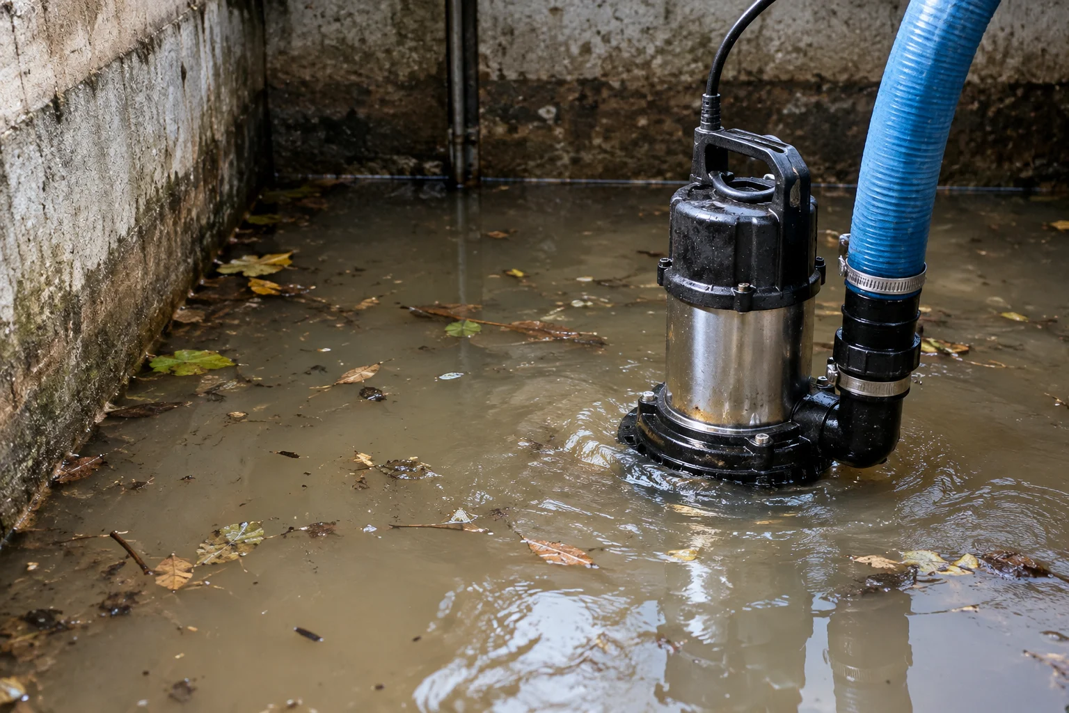 pompă submersibilă apă murdară într-un subsol cu apă tulbure și resturi fine