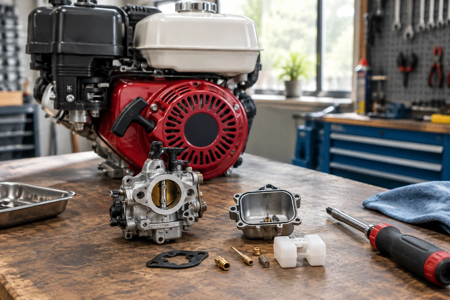 Carburator defect Honda GX analizat pe bancul de lucru, lângă un motor demontat