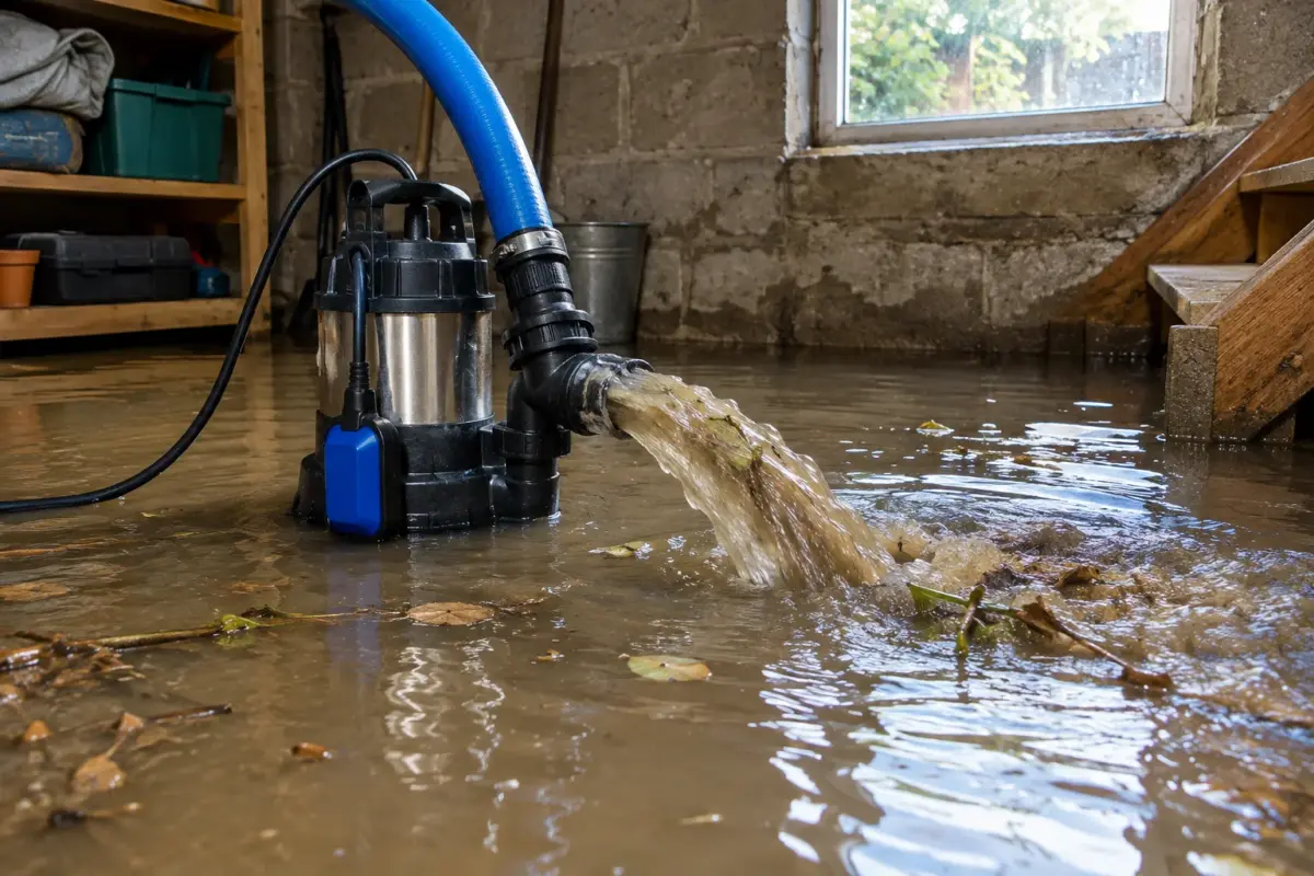 pompă submersibilă apă murdară într-un subsol inundat