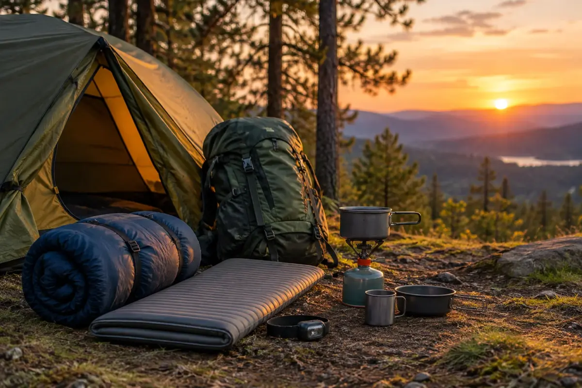 Echipament de camping aranjat lângă un cort, pentru ieșiri scurte și tabere mai lungi