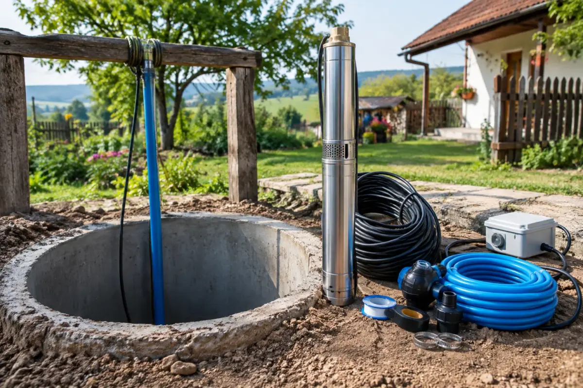 Pompă submersibilă pentru puț forat pregătită pentru instalare lângă tubajul puțului