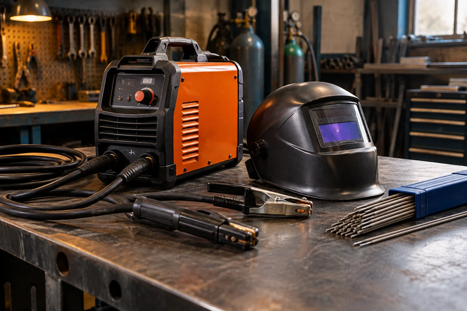 Aparat de sudură cu invertor pentru lucrări grele într-un atelier, alături de electrozi și accesorii