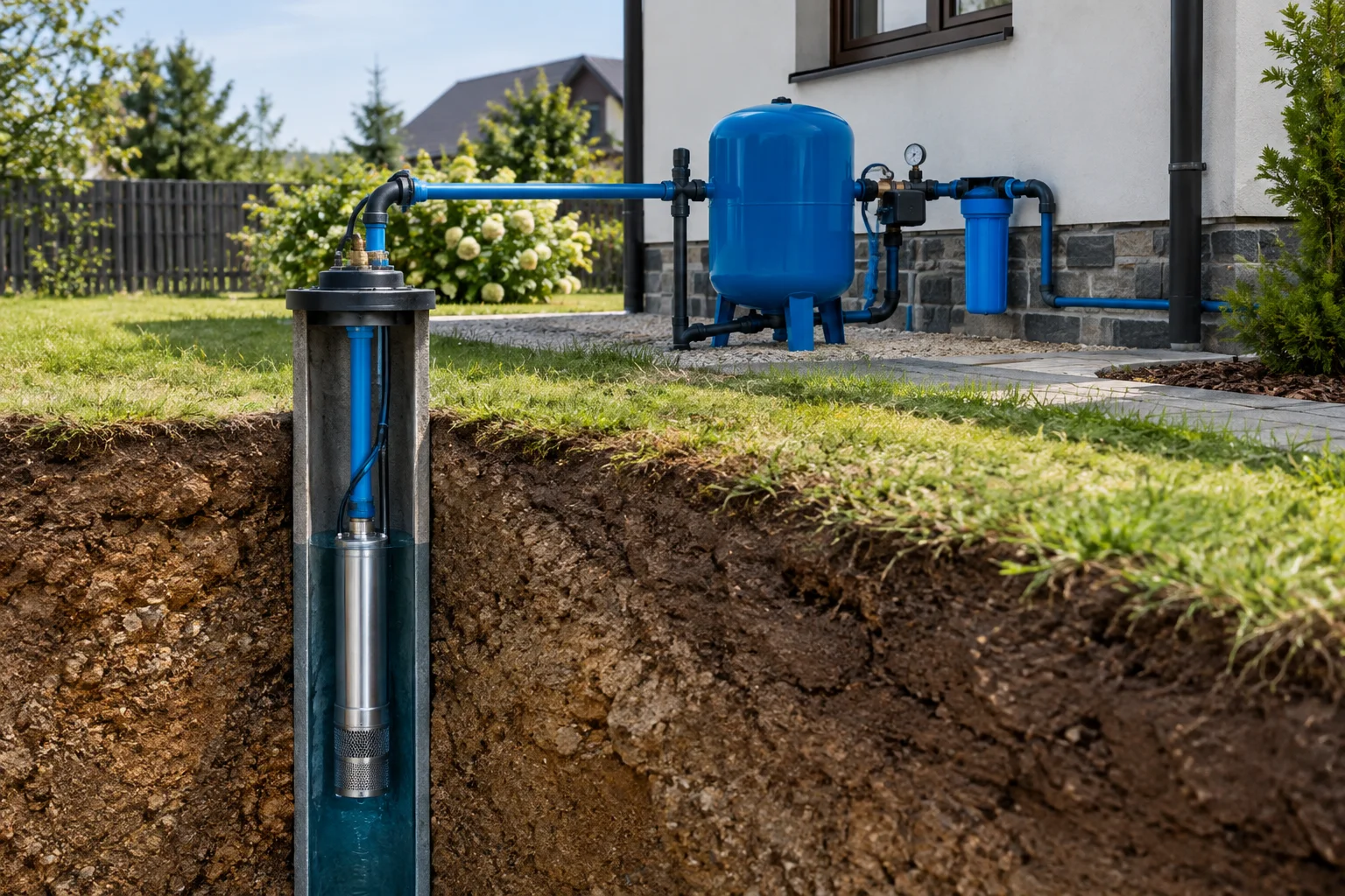 Pompa submersibilă 75QJD328 instalată într-un puț forat pentru alimentare cu apă