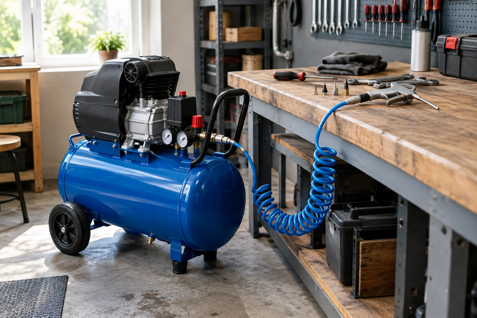 compresor de aer 50 L într-un atelier de casă, lângă scule și furtun pneumatic