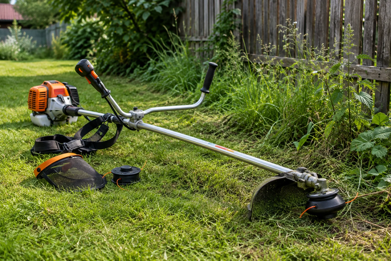 Motocoasa cu accesorii incluse folosită într-o gospodărie, lângă gard și vegetație de margine