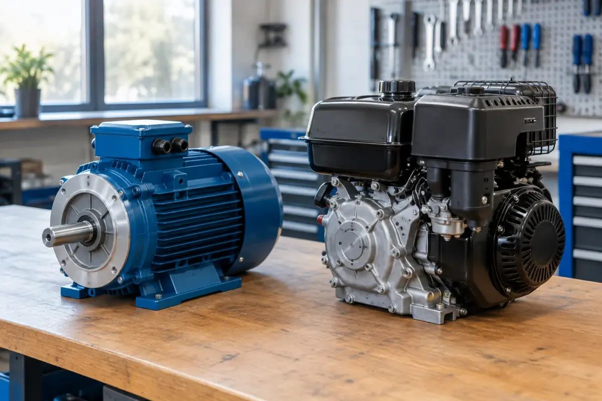 Comparație vizuală între motoare electrice vs motoare pe benzină pe un banc de lucru