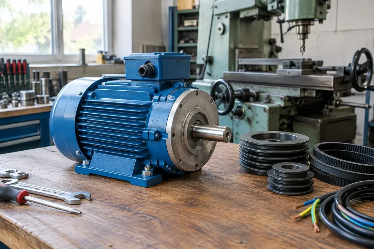 Motor electric monofazat 4 kW montat într-un atelier, lângă un utilaj și componente de transmisie