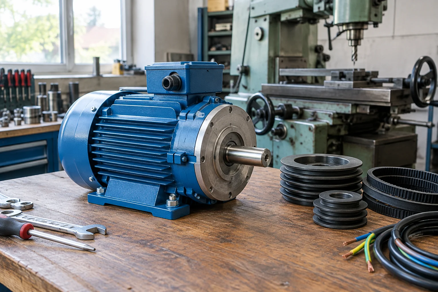 Motor electric monofazat 4 kW montat într-un atelier, lângă un utilaj și componente de transmisie