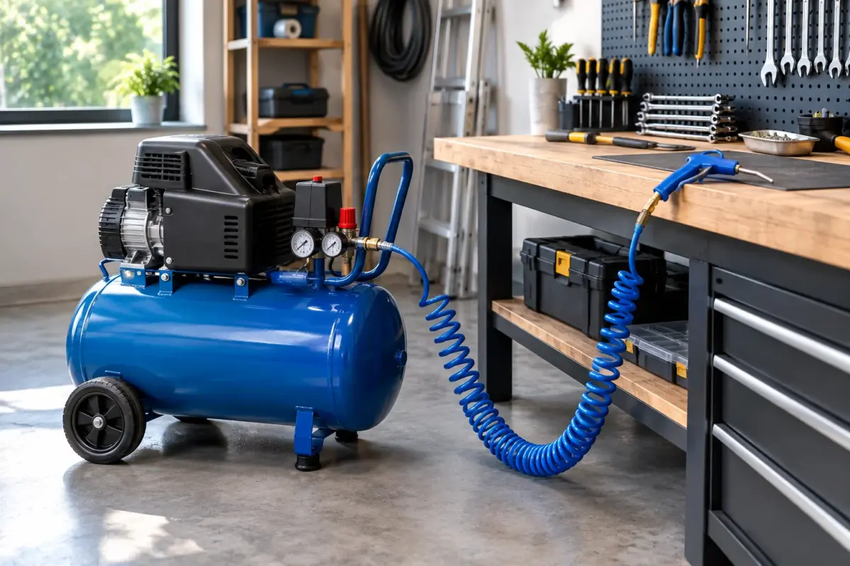 compresor de aer de 50 L într-un atelier de acasă
