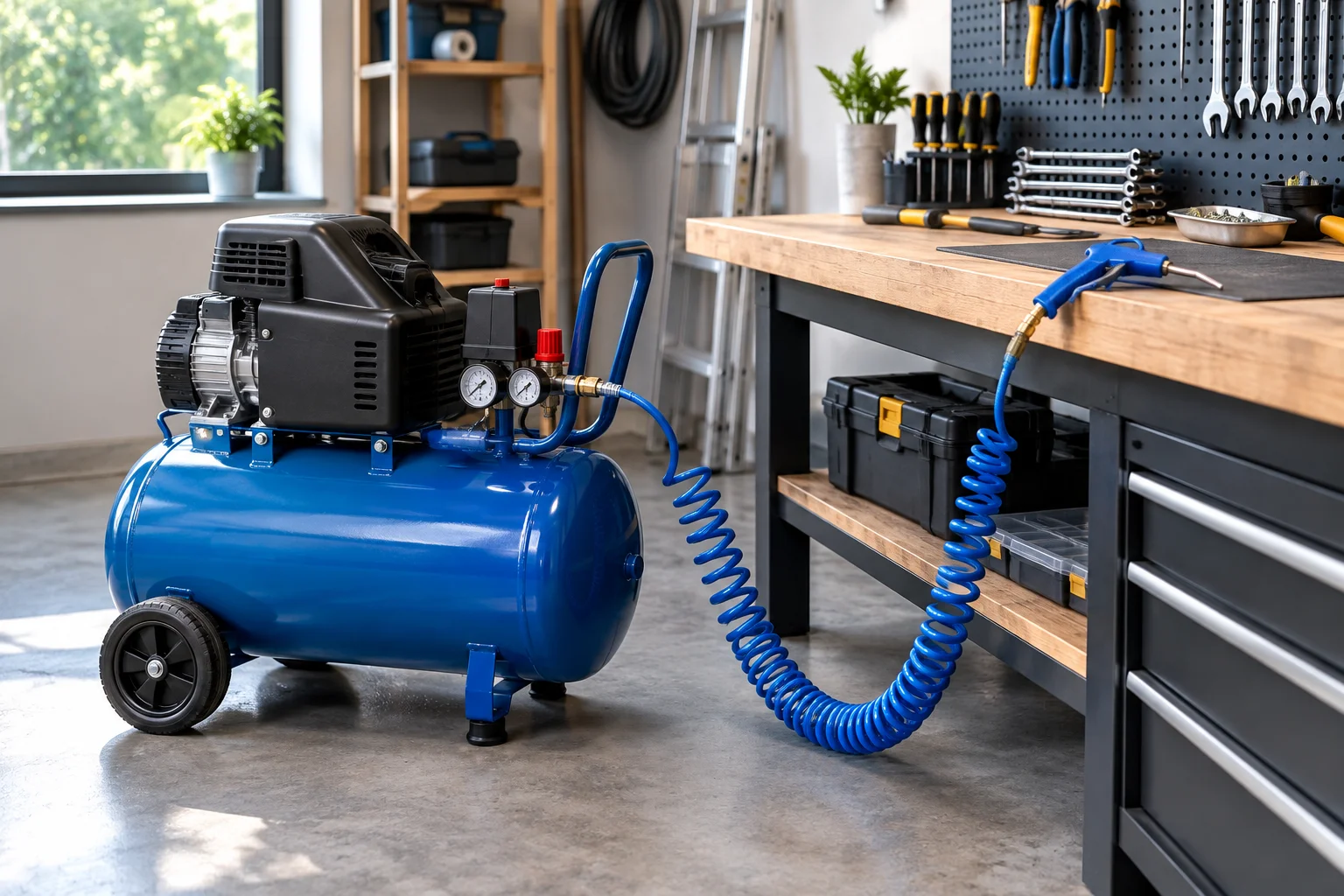 compresor de aer de 50 L într-un atelier de acasă
