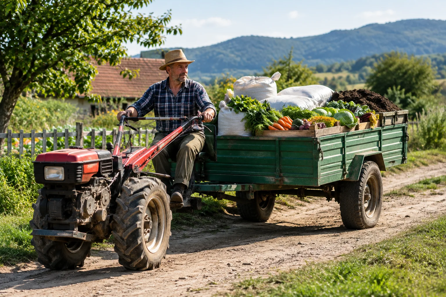 Motocultor cu remorcă pentru transportul sacilor și al materialelor în gospodărie