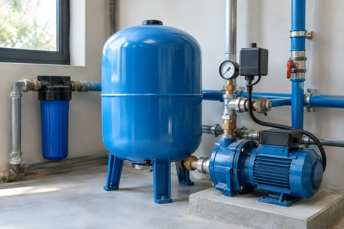 Vas de expansiune EPDM montat lângă un hidrofor pentru stabilizarea presiunii
