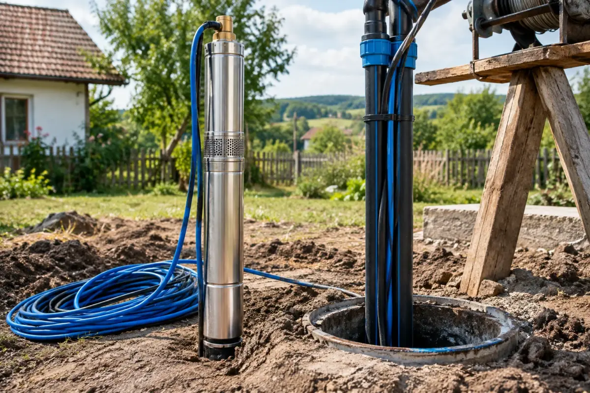 pompă submersibilă pentru puț adânc instalată lângă un foraj